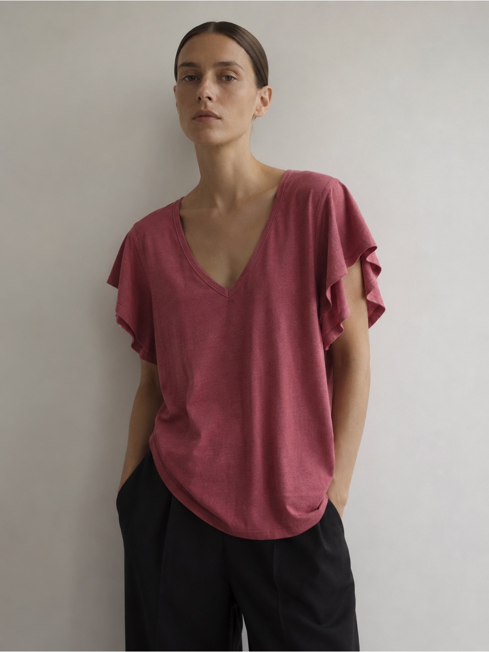 Berry Pink Flutter Sleeve V-Neck Top 2X Soft Feminine Blouse